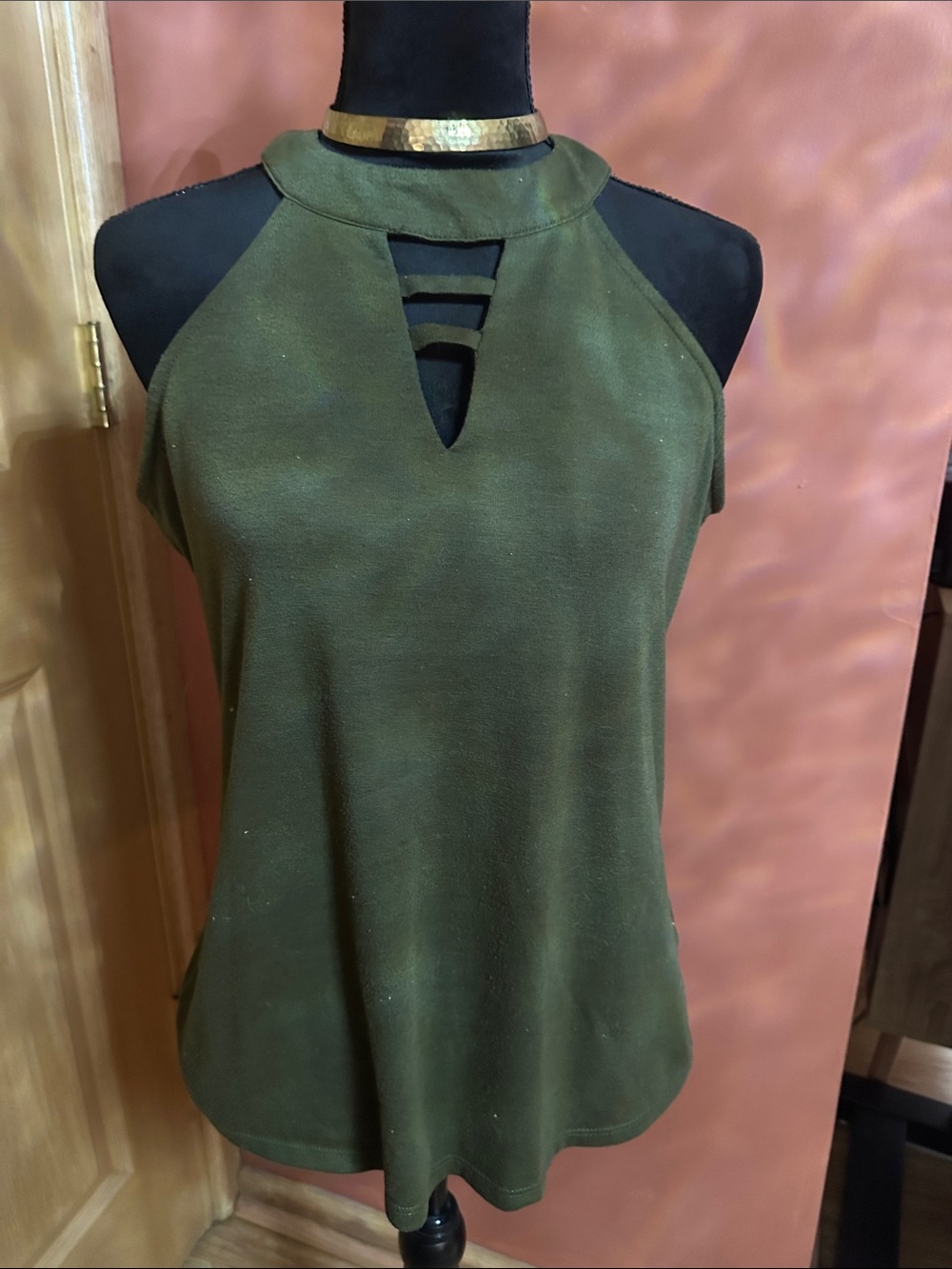 Olive Green Halter Tank Top with Ladder Keyhole